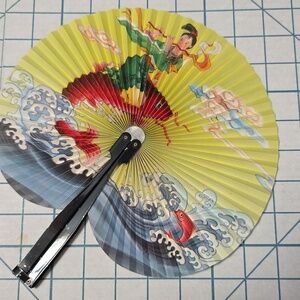 Chinese Paper Folding Hand Fan W/Metal Handle, Vintage Mid-Century, 33